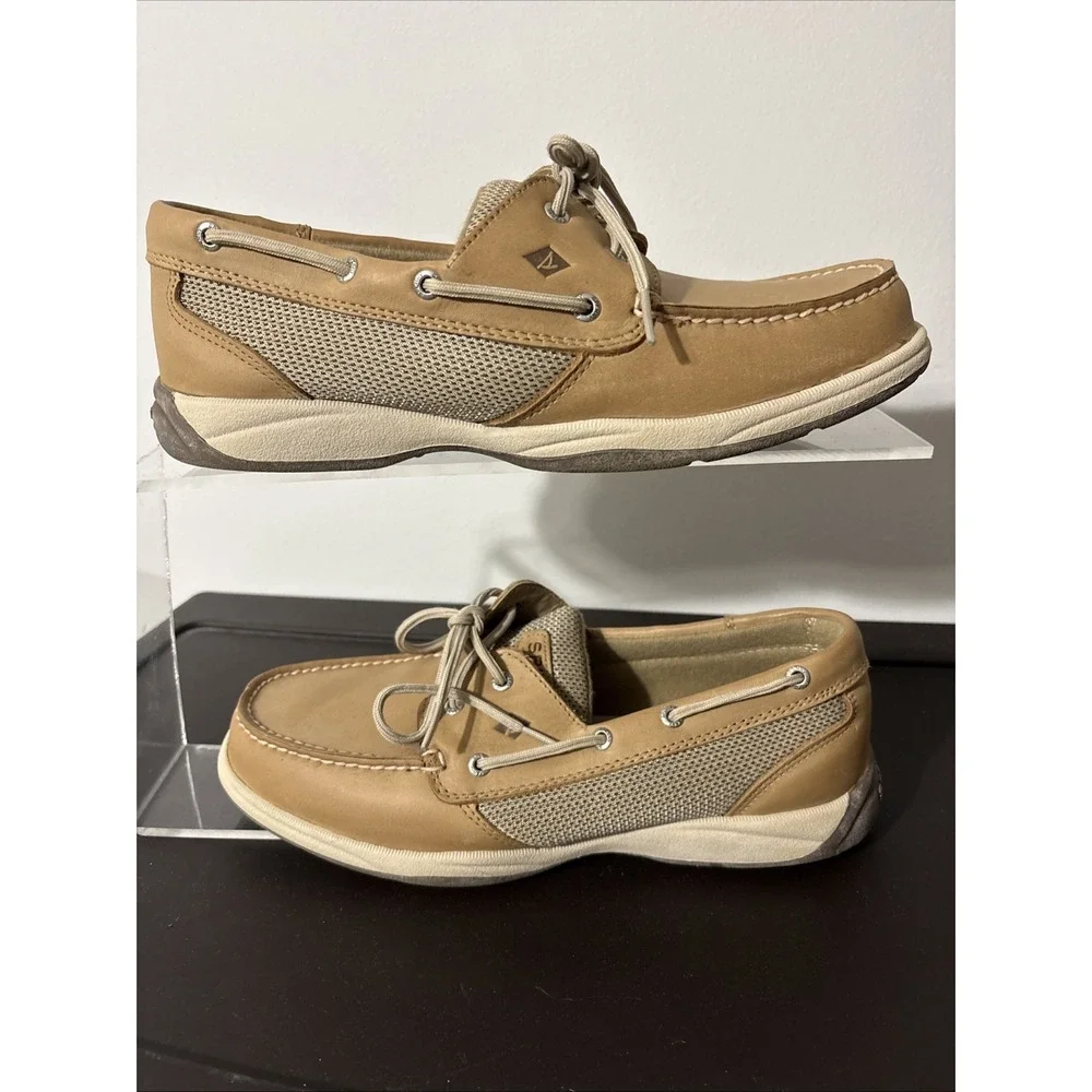 Sperry Top-Sider Sz 10 Intrepid 2 Eye Linen Mesh Boat Shoes Women's Tan Leather